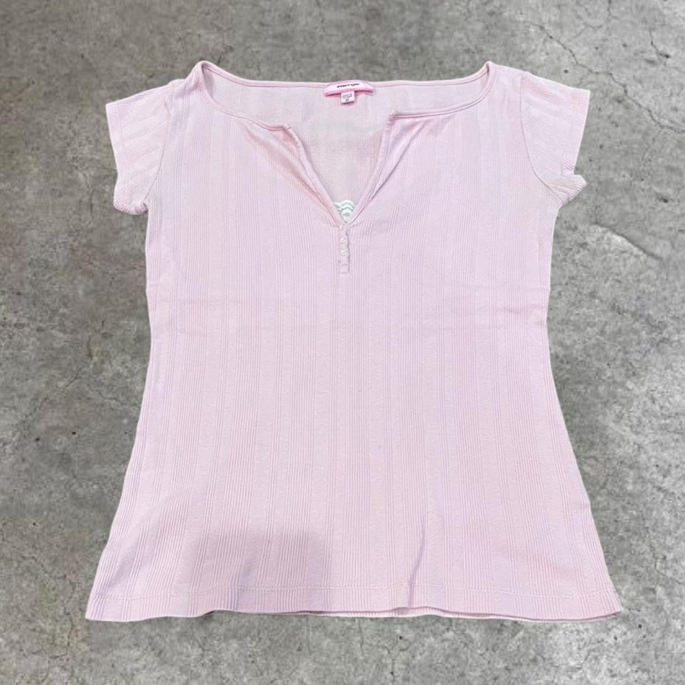 y2k baby pink v neck henley button up layered lace top medium